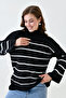 Women's Low Long Sleeve Stripe Patterned Stand Collar Oversize Fit Striped Black Knitwear Sweater 6100 - 8