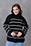 Women's Modest Low Long Sleeve Line Patterned Stand Collar Striped Black Knitwear Hijab Sweater 6100