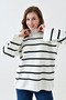 Women's Low Long Sleeve Stripe Patterned Stand Collar Oversize Fit Striped Ecru Knitwear Sweater 6100 - 8