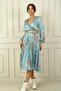 Women's Double-Breasted Collared Belted Lined Floral Pleated Satin Dress - 3