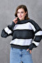 Women's Modest Low Long Sleeve Line Patterned Crew Neck Striped Gray Knitwear Hijab Sweater 6500 - 7