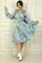 Women's Double-Breasted Collared Belted Lined Floral Pleated Satin Dress - 2