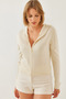 Women's Ecru Hooded Zippered Long Sleeve Knitwear Cardigan 20246857