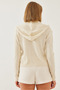 Women's Ecru Hooded Zippered Long Sleeve Knitwear Cardigan 20246857 - 5