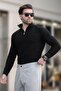 Black Polo Collar Zipper Detailed Long Sleeve Men's Sweater 7282