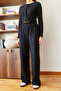 Women's Black Buttoned Crop Ribbed Top and Bottom Set 60351128 - 3