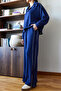 Women's Navy Blue Modal Fabric Collar Snap Fastener Top and Bottom Set 60351111 - 2