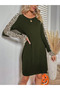 Women's Long Sleeve Crew Neck Sleeves Leopard Detail Two Thread Mini Length Dress - 3