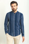 Striped Slim Fit Judge Collar Long Sleeve Men's Shirt Navy Blue - 37747.23Y - 4