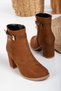 Stylish Women's Boots with Tan Suede Accessories, Gold Buckle, 7 cm Heel and Zipper