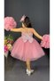 Chiffon Robe Pompom Sleeve Sequined Girl's Crinoline Skirt Tutu Evening Dress Dark Pink - 4