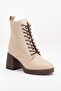 Women's Genuine Leather Thick Heeled Stylish Lace-Up Boots Beige Color - Brown Sole - 4