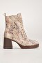 Women's Genuine Leather Thick Heeled Stylish Lace-Up Boots - Beige Snake - 3