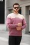 Beige Dusty Rose Plum Three Color Block Piece Crew Neck Three Thread Regular Fit Sweatshirt- 2436 - 2