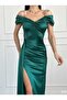 LONG SATIN FABRIC EVENING GOWN WITH DEEP SLIT, SIDE TAIL DETAIL 746 582553 - 3