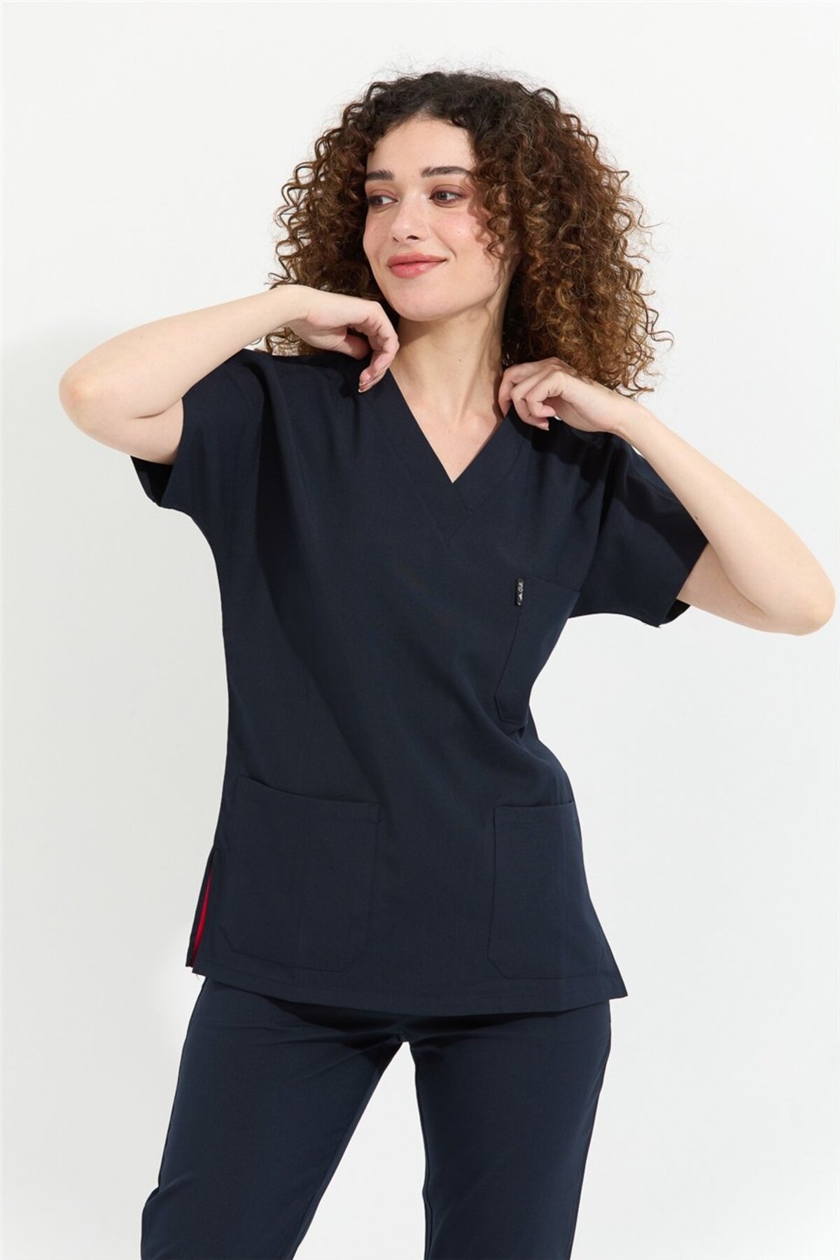 Happiness Spaniard - Lycra Doctor Nurse Scrubs Single Top Surgical Uniform (Women), Navy Blue - 4