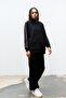 Black Women's Sleeve Top and Trousers Side Stripe Detailed Zippered Stand Collar Modal Bottom Iron Set - 2