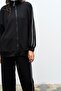 Black Women's Sleeve Top and Trousers Side Stripe Detailed Zippered Stand Collar Modal Bottom Iron Set - 4