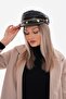 Chained Pu Leather Quilted Black Cap Hat - 5