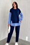 Women's Blue White Striped Modern Design Long Sleeve Shirt Detail Sweatshirt Modal Set - 6