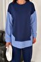 Women's Blue White Striped Modern Design Long Sleeve Shirt Detail Sweatshirt Modal Set - 3