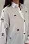 Women's White Folding Sleeve Rabbit Embroidery Embroidered 100% Cotton Shirt - 2