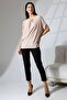 Soroti Women's Beige Melange Soft Textured Collar Gathered Batwing Sleeve Diagonal Jacquard Knitted Blouse - Beige - 3