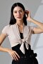 Blama Women's Soft Touch Short Sleeve Front Tie Diagonal Jacquard Short Combed Cotton Cardigan & Bolero - Beige - 5