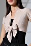 Blama Women's Soft Touch Short Sleeve Front Tie Diagonal Jacquard Short Combed Cotton Cardigan & Bolero - Beige - 6