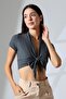 Rocha Women's Slim Fit Soft Textured Tie-Front Blouse & Cardigan & Bolero - Smoked - 3