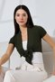 Mattru Women's Slim Fit Soft Touch Short Sleeve Tie Front Short Combed Cotton Cardigan & Bolero - Khaki - 7