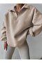 Women's 3 Yarn Mink Zippered Polo Neck Oversize Sweatshirt