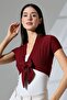 Blama Women's Soft Touch Short Sleeve Front Tie Diagonal Jacquard Short Combed Cotton Cardigan & Bolero - Burgundy - 5