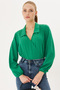 Women's Green Double-Breasted Blouse with Elastic Sleeves and Waist, Collared Arm-25K001041