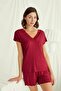 18516 Women's V-Neck Short Sleeve Shorts Pajamas Set-Red