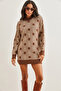 Women's Brown Geometric Patterned Soft Textured Knitwear Tunic Dress Elb- 19002279