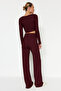 Bordo Yumoş Crop ve Wide Leg/Geniş Paça Örme Alt Üst Takım TWOAW23AU00125 - 7