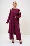 Women's Burgundy Padded Shoulders Crew Neck Blouse Pants and Cardigan Set ALC-X4710-RV