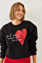 Women's Black Heart and Text Printed Sweatshirt Mbhs023 60601023 - 2