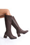Women's Bitter Brown Below-The-Knee Heeled Shiny Detailed Zippered Leather Look Long Boots - 3