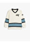 T-Shirt with Slogan Print Long Sleeve V-Neck Cotton