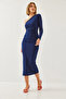 Women's Navy Blue One-Shoulder and Gathered Long Dress 375 60351135 - 2