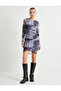 Tulle Pencil Dress Midi Length Abstract Patterned Long Sleeves Round Neck Lined Drape Detailed - 3