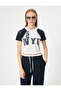 Crop T-Shirt College Printed Crew Neck Slim Fit Color Block - 3