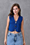 Navy Blue Stretchy Knitwear Fabric Design Button Detailed Crop Vest 9902 - 6
