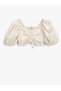 Crop Blouse Linen Blended Balloon Sleeve Gather Detailed