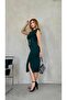 Green Scuba Crepe Fabric Gold Buttoned Slim Fit Draped Padded Midi Length Dress 124 - 3