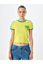 Crew Neck Slogan Crop T-Shirt - Ribbed, Short Sleeve - 3