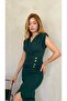 Green Scuba Crepe Fabric Gold Buttoned Slim Fit Draped Padded Midi Length Dress 124