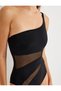 One-Shoulder Swimsuit Covered with Transparent Tulle Detail - 5